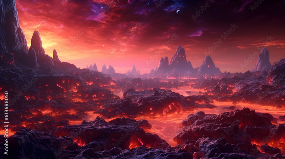 Alien landscape with lava river