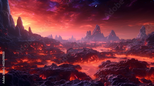 Alien landscape with lava river