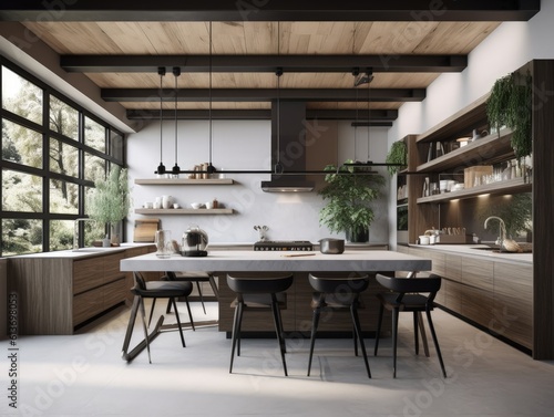 Modern contemporary wooden kitchen room. Generative AI