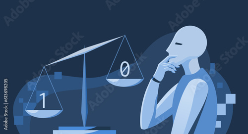 AI and Ethical Moral Dilemma Law Decision Making Bias Artificial Intelligence Robot Thinking with Law Scale Vector Illustration Concept photo