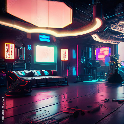 Futuristic Dystopia Meets Cozy Comfort - Step into the Cyberpunk Interior Living Room