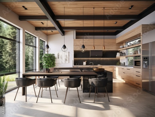 Modern contemporary wooden kitchen room. Generative AI © Natee Meepian