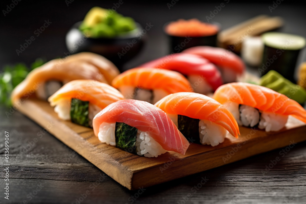 japan japanese meal rice set sushi roll fish seafood food. Generative AI. japan japanese meal rice set sushi roll fish seafood food. Generative AI.