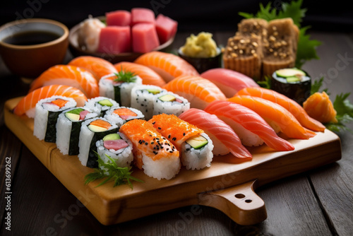 rice fish food seafood set sushi japanese japan meal roll. Generative AI.