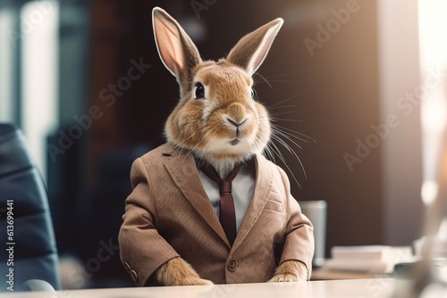 Brown Rabbit wearing Suit in Workplace with Confidently Looks Like a Boss