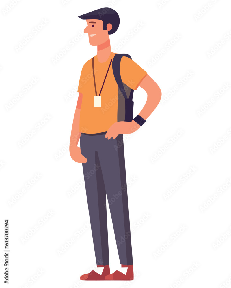 One businessman standing, smiling with backpack One businessman standing, smiling with backpack