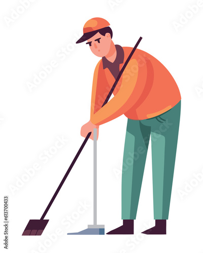 cleaning man with broom and dustpan