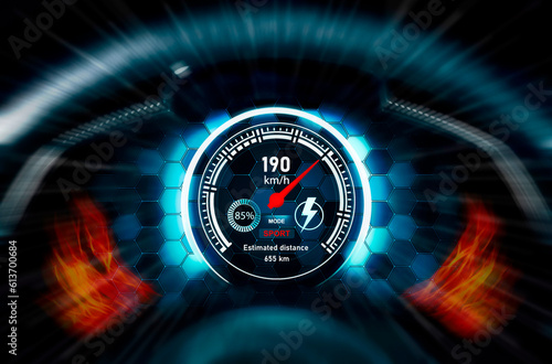 The EV electric vehicle digital speedometer indicates the car high speed on dark background with light effects and motion. drive in sport mode, Electric vehicle technology concept, 3D illustration