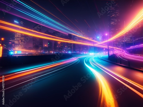 Colorful traffic light trails on a highway road at night, city background -Generative Ai