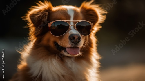 A cute and happy dog smiling with sunglasses. Generative AI illustration. © Tuyres