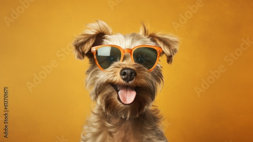 A cute and happy dog smiling with sunglasses. Isolated on plain background. Generative AI illustration.