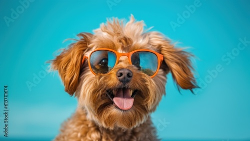 A cute and happy dog smiling with sunglasses. Isolated on plain background. Generative AI illustration.