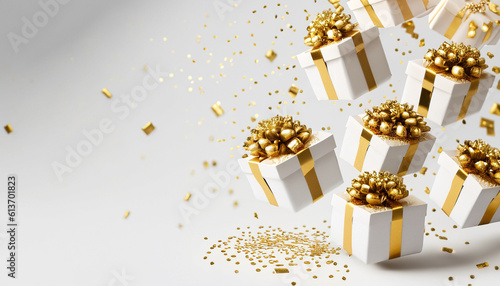 Realistic white gift box with golden ribbon bow on white studio background. Empty space for party, promotion social media banners, posters. Generative AI