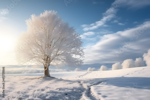 snow covered trees in winter landscape. © Subrata