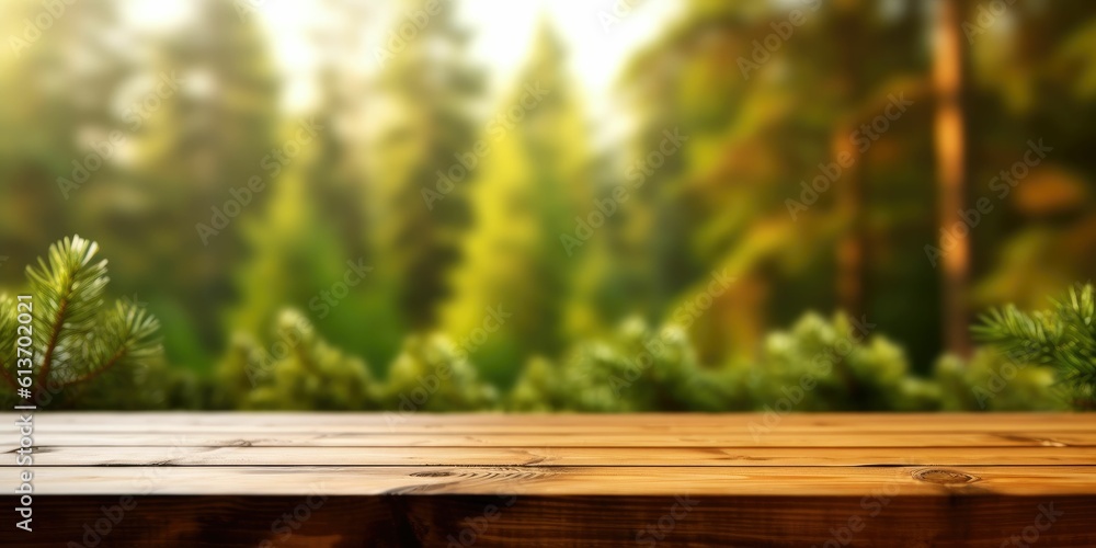 empty wooden table forest and sky blurred empty wooden table forest and sky blurred