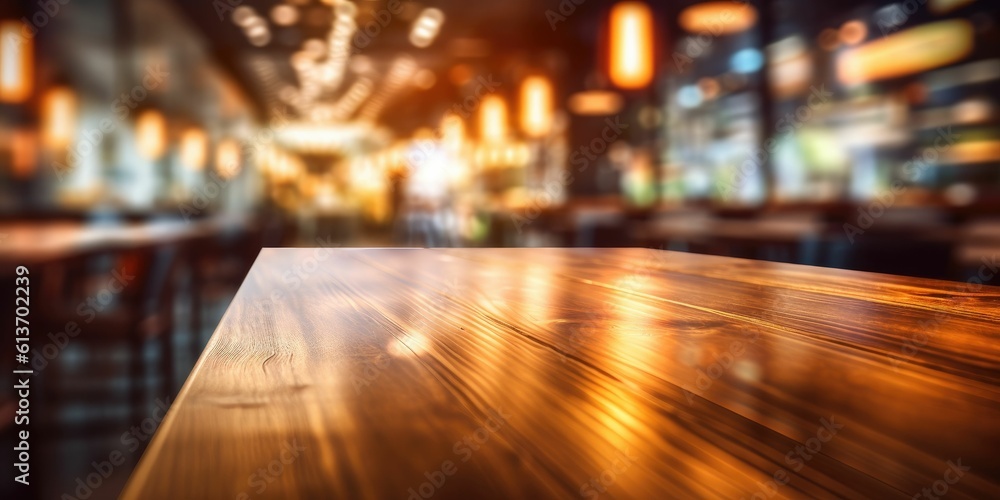 empty wooden table restaurant, cafe, night club, bar blurred