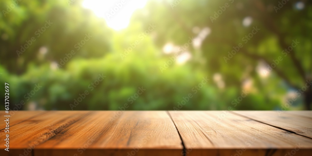 empty wooden table forest and sky blurred