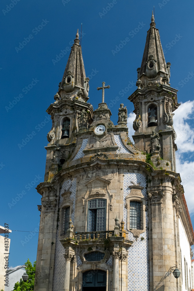 Guimaraes, Portugal. April 14, 2022:Church and oratory of Our Lady of Consolation and Santos Passos. Architecture and facade with blue sky.