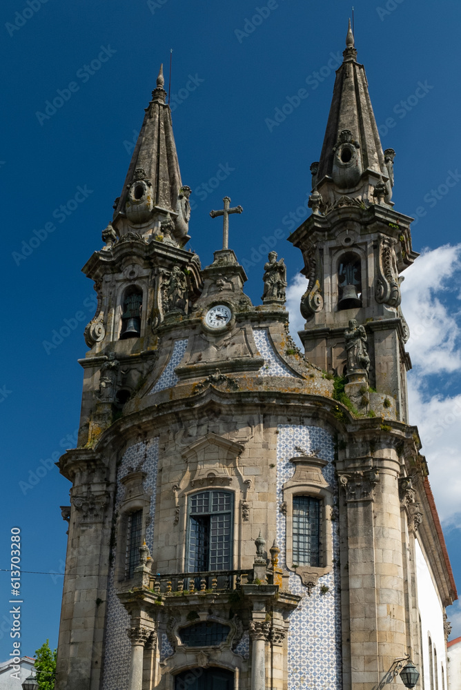 Guimaraes, Portugal. April 14, 2022:Church and oratory of Our Lady of Consolation and Santos Passos. Architecture and facade with blue sky.