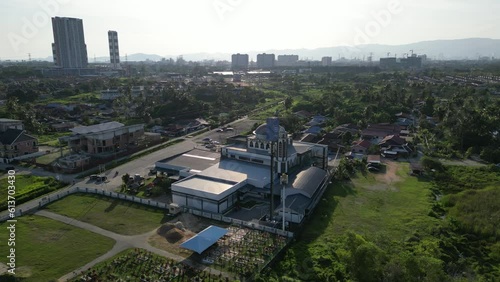 aerial view of local Asia muslim village with a masjid nearby