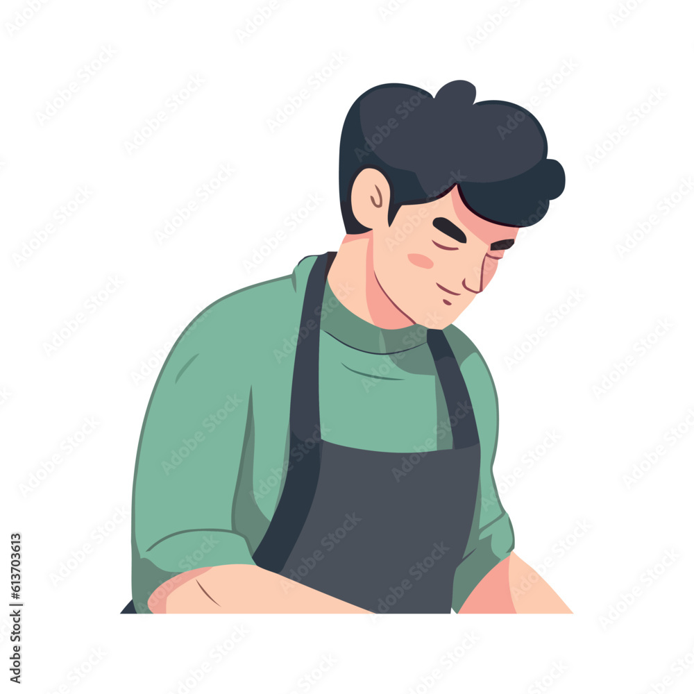 Smiling businessman cooking in isolated kitchen backdrop.
