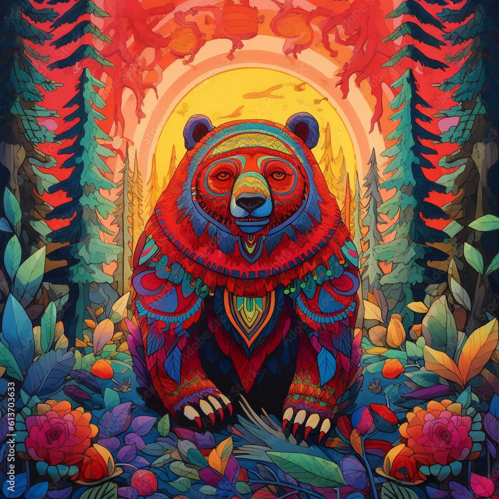 A dreamy bear resides in a modern-style forest, depicted through the lens of psychedelic graphic design, intricate world mapping, and nightscapes. / Generative AI A dreamy bear resides in a modern-style forest, depicted through the lens of psychedelic graphic design, intricate world mapping, and nightscapes. / Generative AI