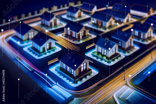 Digital community, smart homes and digital community. DX, Iot, digital network in society concept. suburban houses at night with data transactions, background with lots of light spots