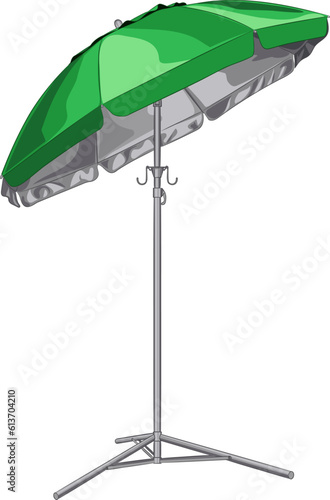 Color illustration of large tilted sunumbrella. 
Vector illustration of an outdoor, beach, garden summer parasol on a tripod support base. Summer sun umbrella for beach, yard, garden, travel, outdoor  photo