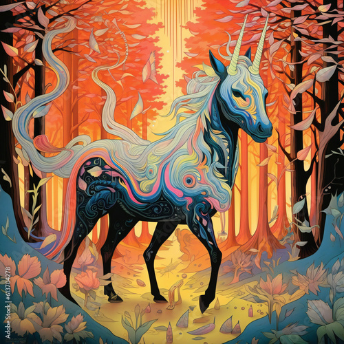 A fantastical unicorn resides in a modern-style forest, depicted through the lens of psychedelic graphic design, intricate world mapping, and nightscapes. / Generative AI