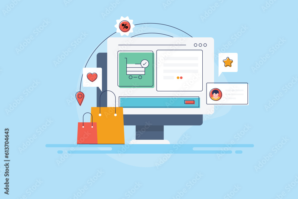 Ecommerce website or online shopping store on computer screen with discount coupon offer, customer feedback, shopping bag concept. Filled outline vector illustration. Ecommerce website or online shopping store on computer screen with discount coupon offer, customer feedback, shopping bag concept. Filled outline vector illustration.