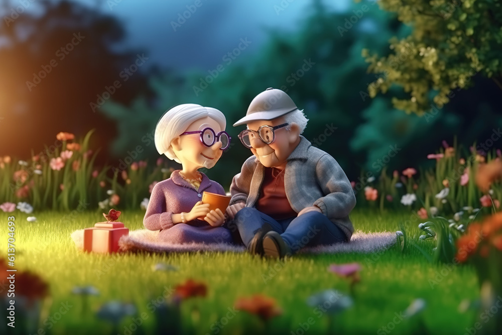 A pair of old couples produced in AI take a walk and chat in the park A pair of old couples produced in AI take a walk and chat in the park