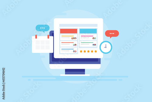 Organising company workflow process, project management software app, team collaboration and communication, task completion, marketing and report on pc screen vector illustration.
