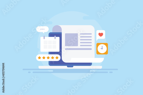 Posting content on time social media management, post scheduler software app on laptop, marketing automation, content calendar concept. Vector illustration web banner. 