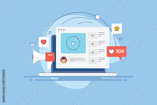Video content on online social media website displaying on laptop screen, engaging internet audience and increase interaction, vector illustration filled outline banner.