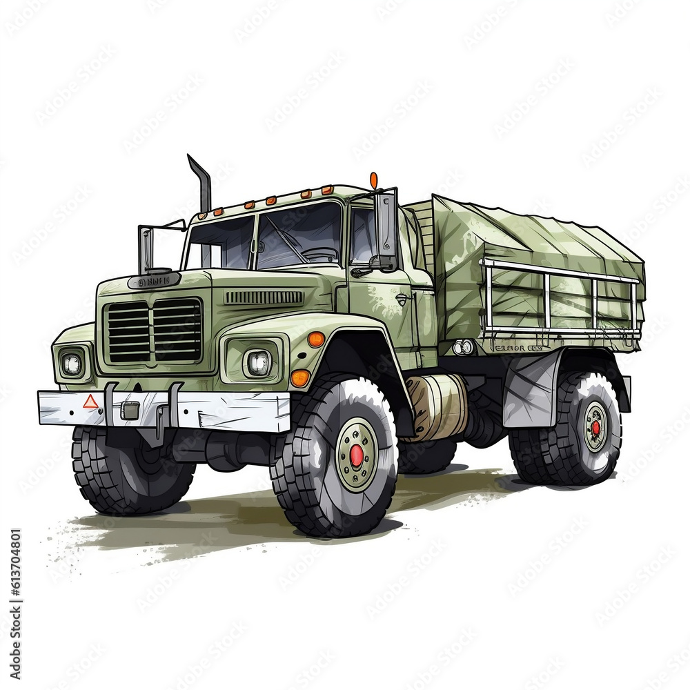 Military truck cartoon with pure white background