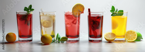 a group of colorful drinks with lemons on white background