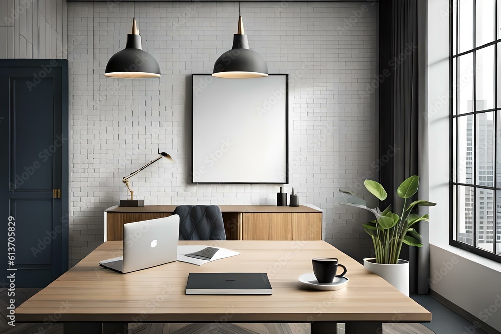 Blogger workspace poster frame mockup with copy space. Modern living room. Blogger workspace poster frame mockup with copy space. Modern living room.