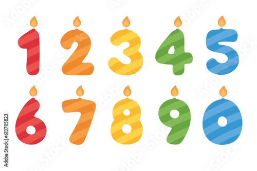 Colorful and playful number shaped candles for kids, from zero to nine. Vector illustration.