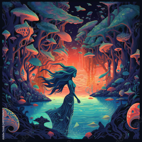 An otherworldly mermaid resides in a modern-style forest, depicted through the lens of psychedelic graphic design, intricate world mapping, and nightscapes.