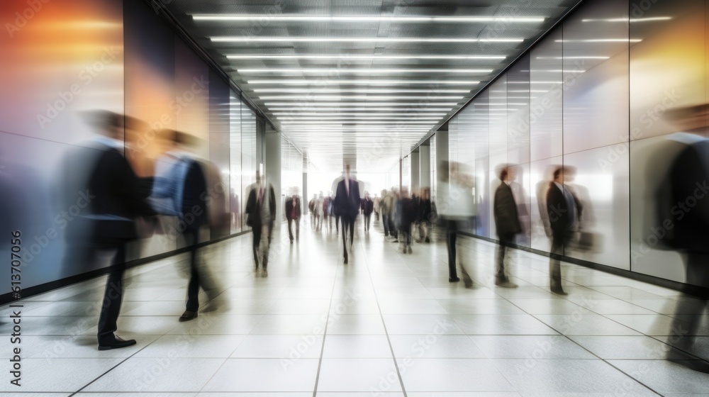 Crowded public place with people passing by, traffic flow motion blur effect. Generative AI illustration. Crowded public place with people passing by, traffic flow motion blur effect. Generative AI illustration.