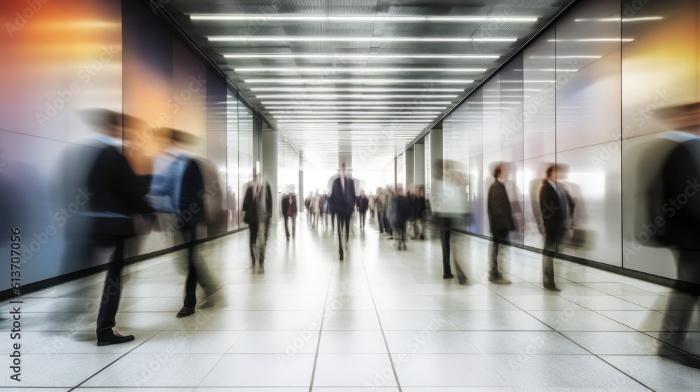 Crowded public place with people passing by, traffic flow motion blur effect. Generative AI illustration.