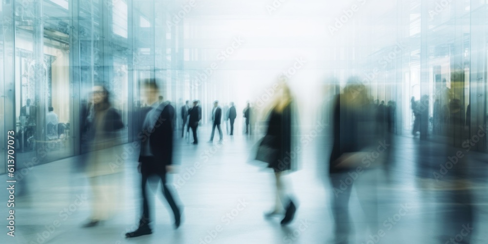 Crowded public place with people passing by, traffic flow motion blur effect. Generative AI illustration. Crowded public place with people passing by, traffic flow motion blur effect. Generative AI illustration.