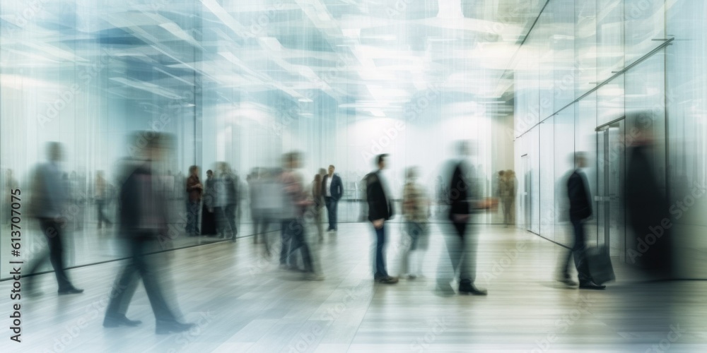 Crowded public place with people passing by, traffic flow motion blur effect. Generative AI illustration. Crowded public place with people passing by, traffic flow motion blur effect. Generative AI illustration.