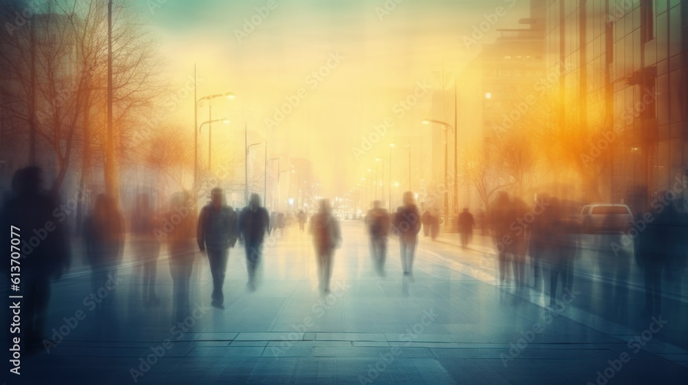 Crowded public place with people passing by, traffic flow motion blur effect. Generative AI illustration. Crowded public place with people passing by, traffic flow motion blur effect. Generative AI illustration.