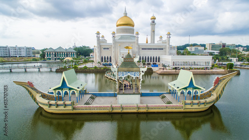 aerial view of mosque Sultan Omar Ali Saifuddin Mosque and royal barge at Brunei Darussalam