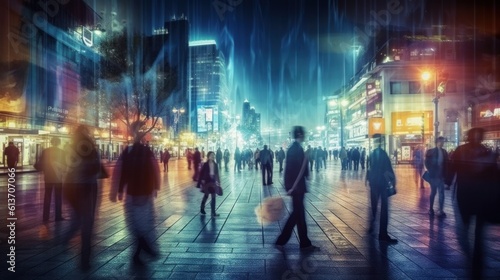 Crowded public place with people passing by, traffic flow motion blur effect. Generative AI illustration.