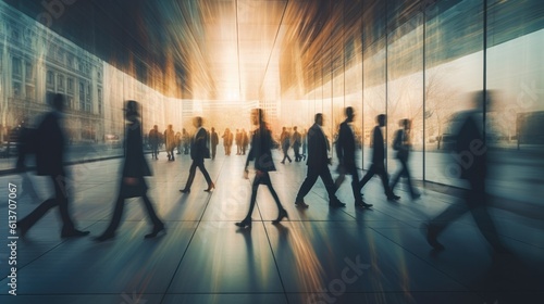 Crowded public place with people passing by, traffic flow motion blur effect. Generative AI illustration.