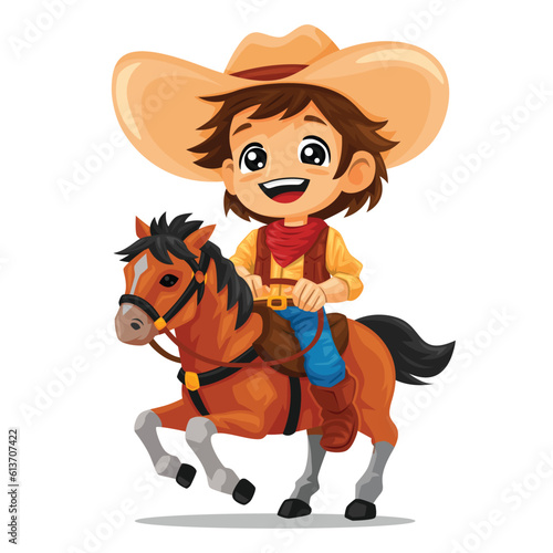 A cowboy kid riding a horse, white isolated background
