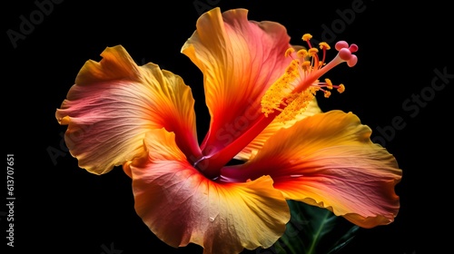 Flower of pink Hibiscus rosa-sinensis or shoeblack plant isolated on black background. Generative ai technology.