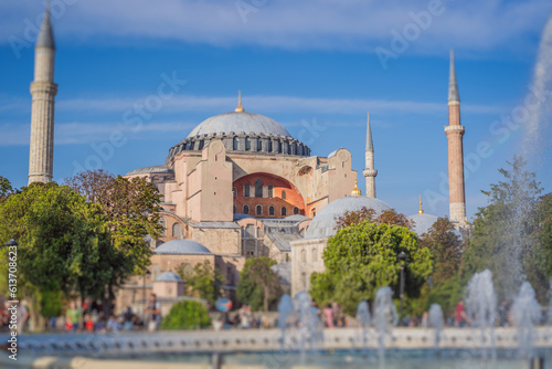Tilt shift. Sunny day architecture and Hagia Sophia Museum, in Eminonu, istanbul, Turkey. Turkiye